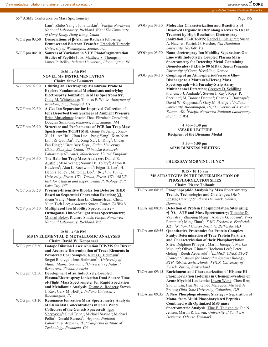 55Th ASMS Conference on Mass Spectrometry Page 19S Lam2; Zhibo Yang1; Julia Laskin1; 1Pacific Northwest National Laboratory