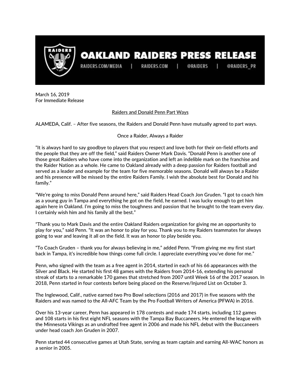 March 16, 2019 for Immediate Release Raiders and Donald Penn