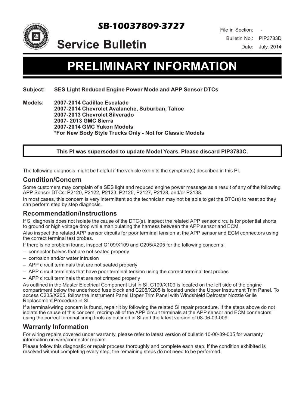 Service Bulletin PRELIMINARY INFORMATION