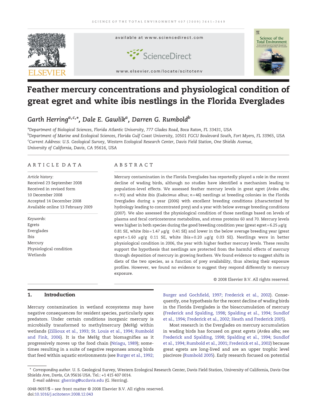 Feather Mercury Concentrations and Physiological Condition of Great Egret and White Ibis Nestlings in the Florida Everglades