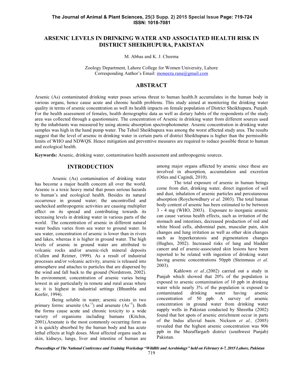 Arsenic Levels in Drinking Water and Associated Health Risk in District Sheikhupura, Pakistan