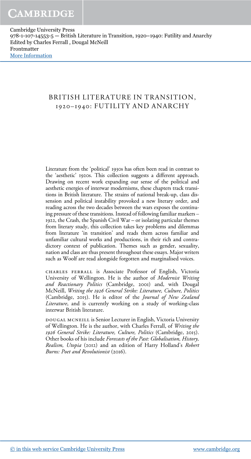 British Literature in Transition, 1920–1940: Futility and Anarchy Edited by Charles Ferrall , Dougal Mcneill Frontmatter More Information