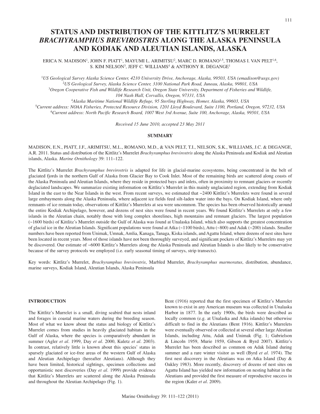 Status and Distribution of the Kittlitz's Murrelet Along the Alaska