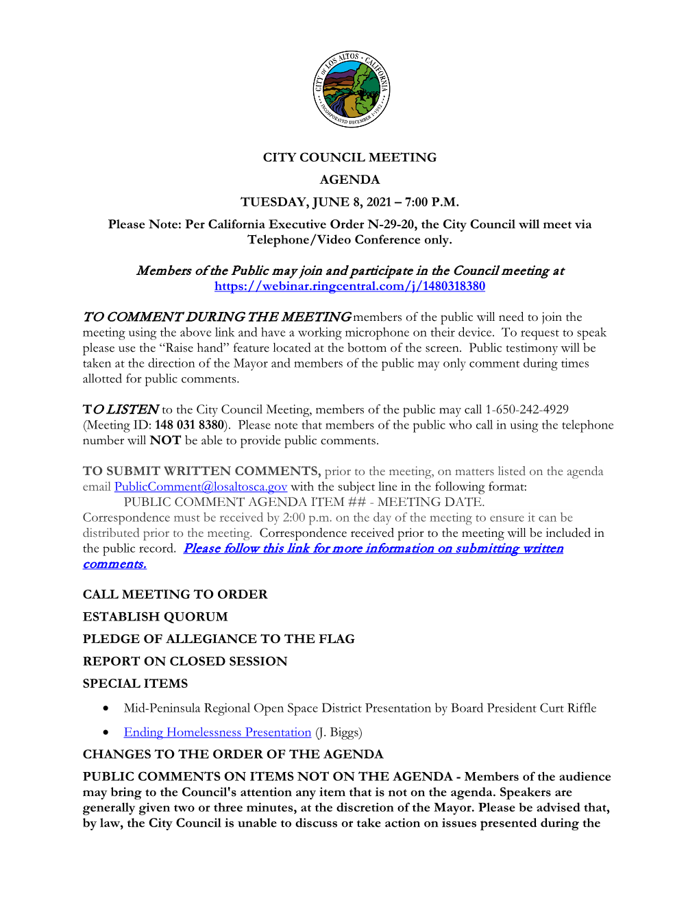 City Council Meeting Agenda Tuesday, June 8, 2021 – 7:00 P.M