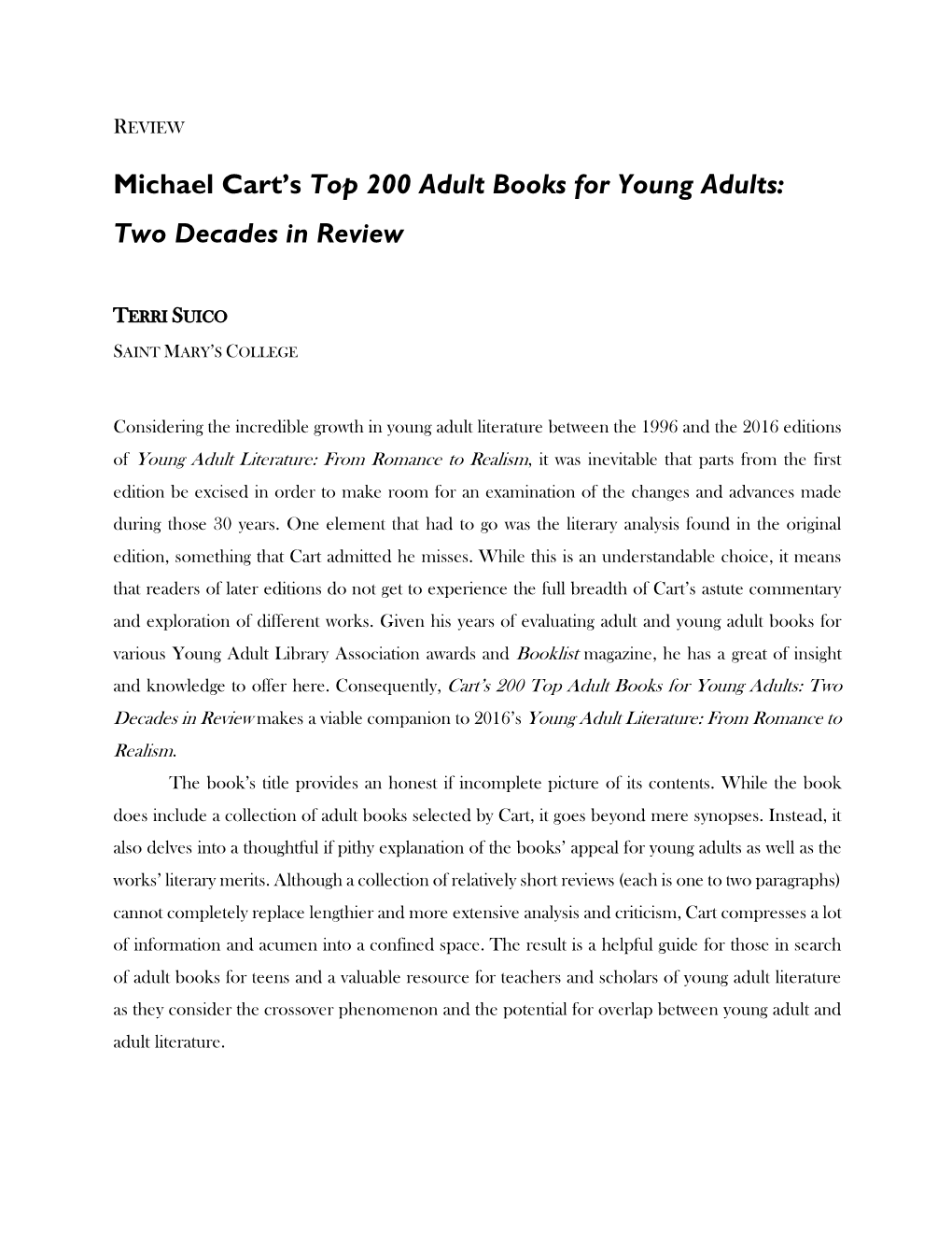 Michael Cart's Top 200 Adult Books for Young Adults