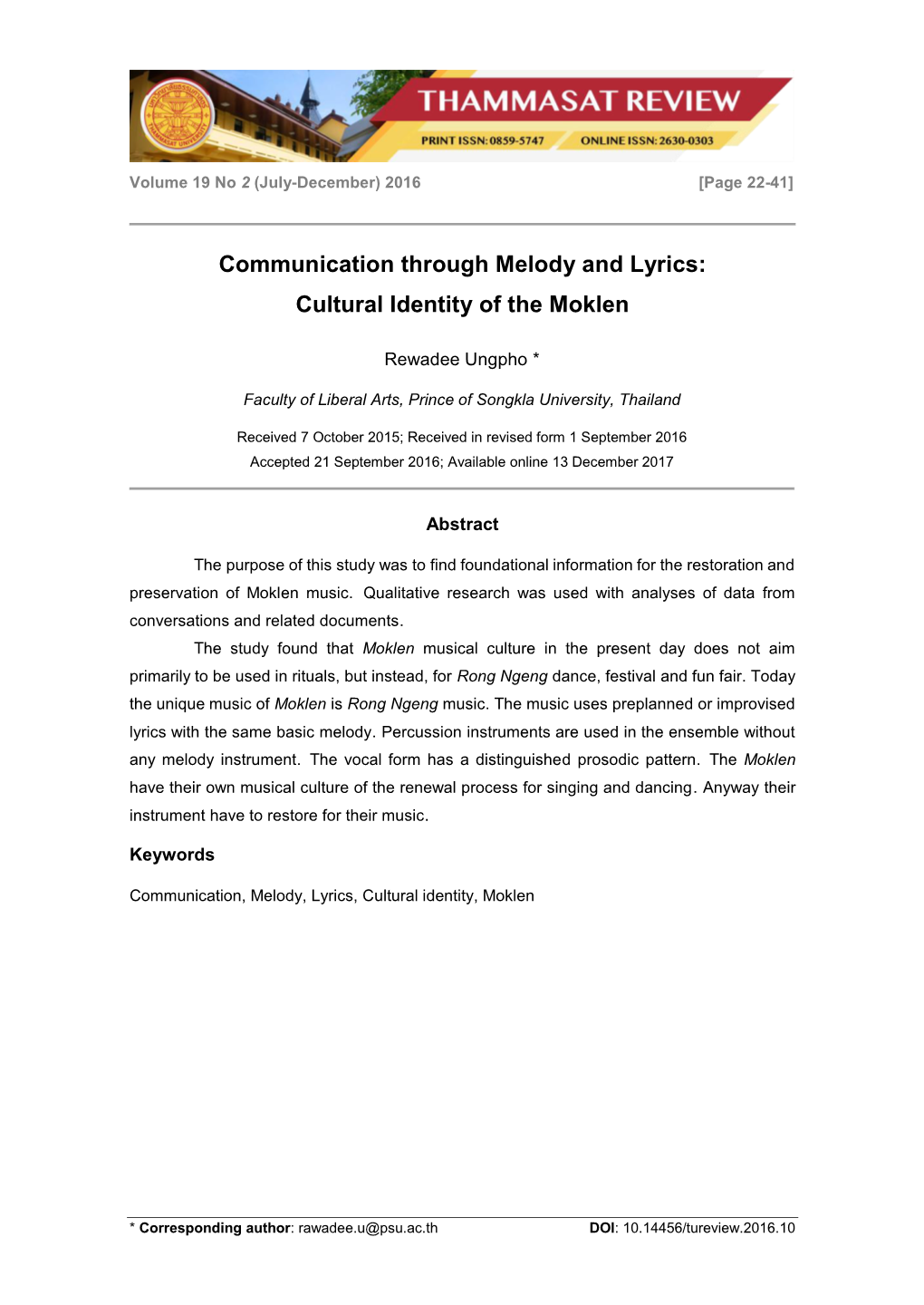 Communication Through Melody and Lyrics: Cultural Identity of the Moklen