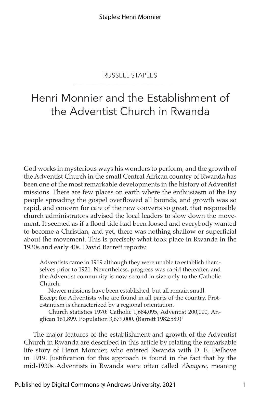 Henri Monnier and the Establishment of the Adventist Church in Rwanda