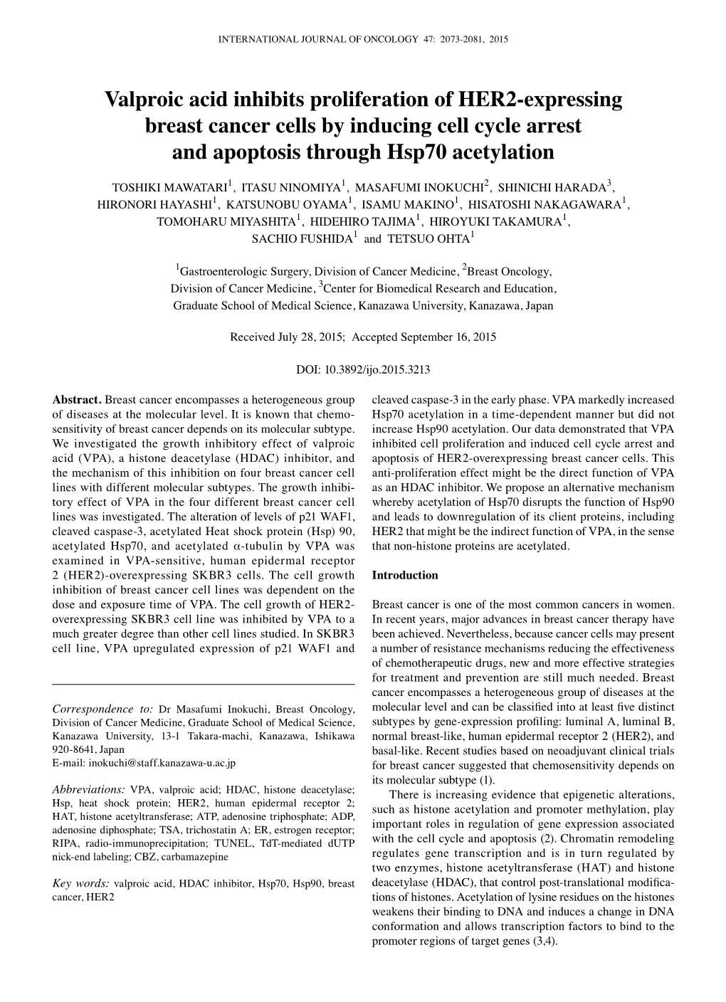 Valproic Acid Inhibits Proliferation of HER2-Expressing Breast Cancer Cells by Inducing Cell Cycle Arrest and Apoptosis Through Hsp70 Acetylation