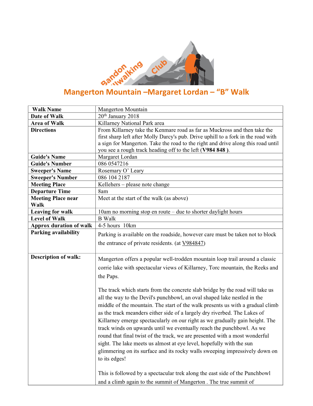 Mangerton Mountain –Margaret Lordan – “B” Walk