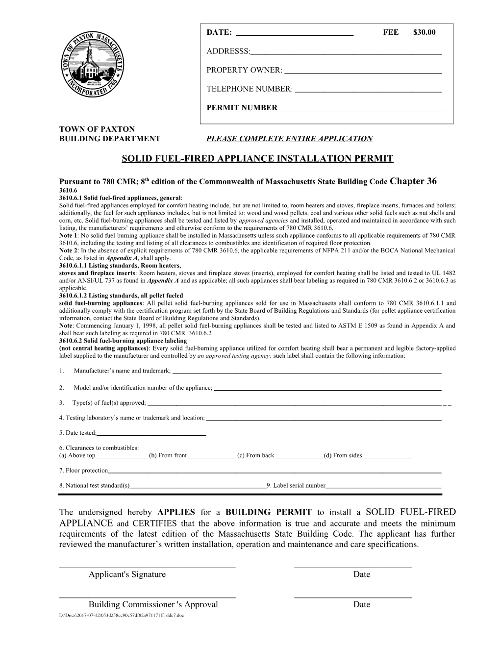 Building Inspector (Solid Fuel Fired Appliance Permit)