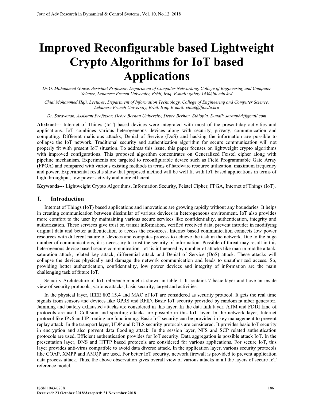 Improved Reconfigurable Based Lightweight Crypto Algorithms for Iot Based Applications Dr.G