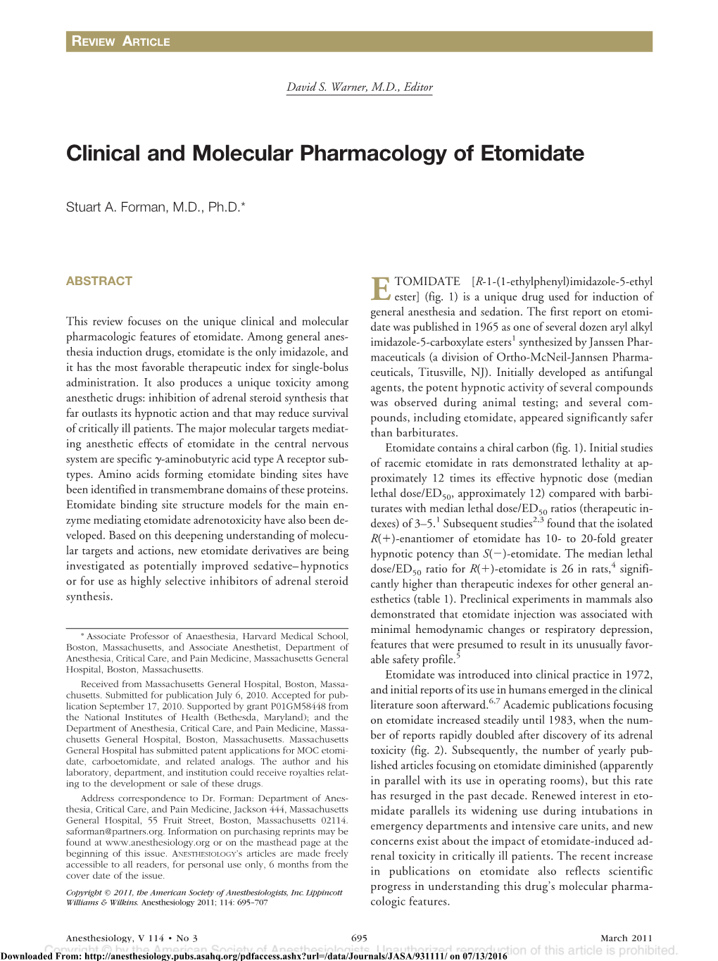 Clinical and Molecular Pharmacology of Etomidate