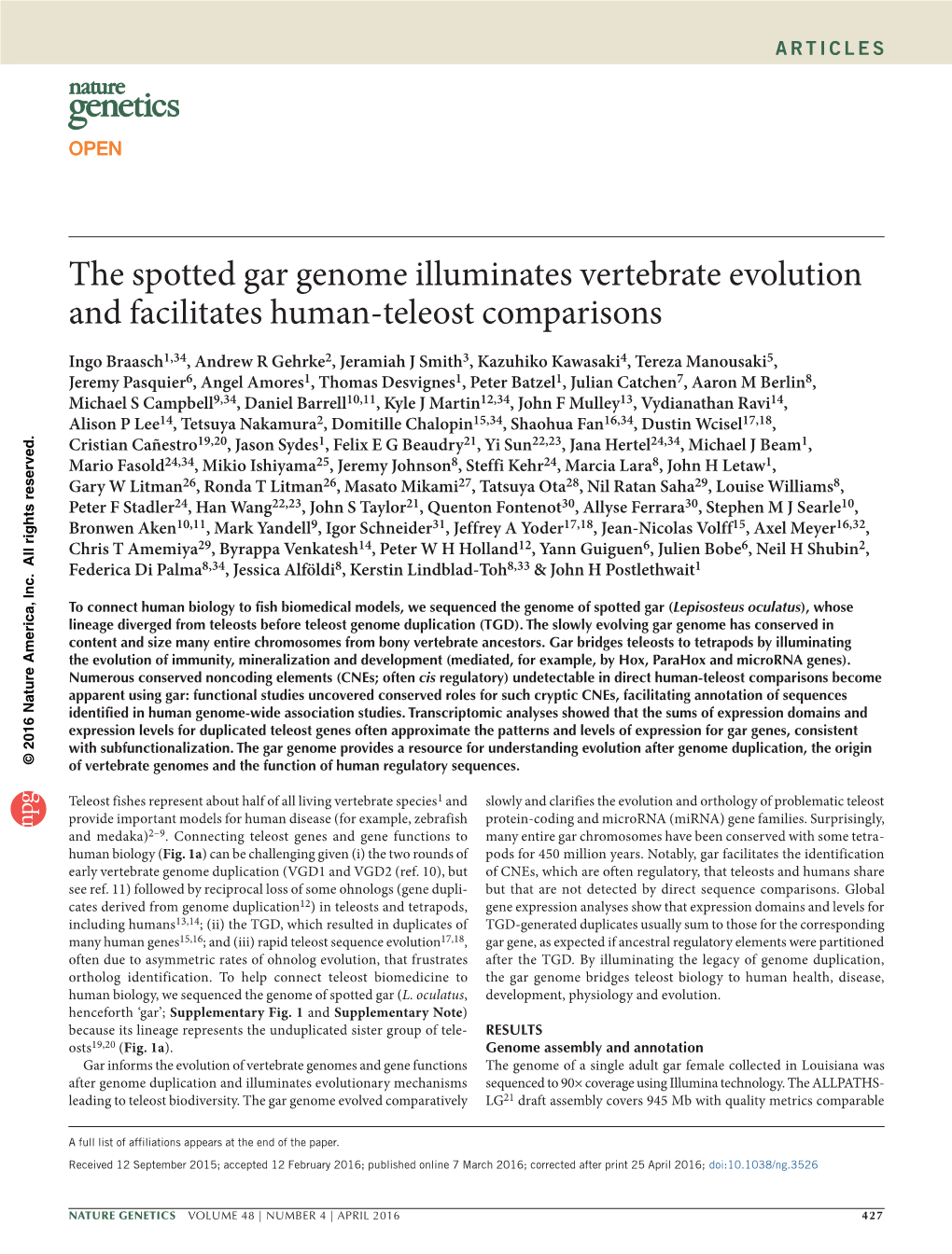 The Spotted Gar Genome Illuminates Vertebrate Evolution and Facilitates Humanteleost Comparisons