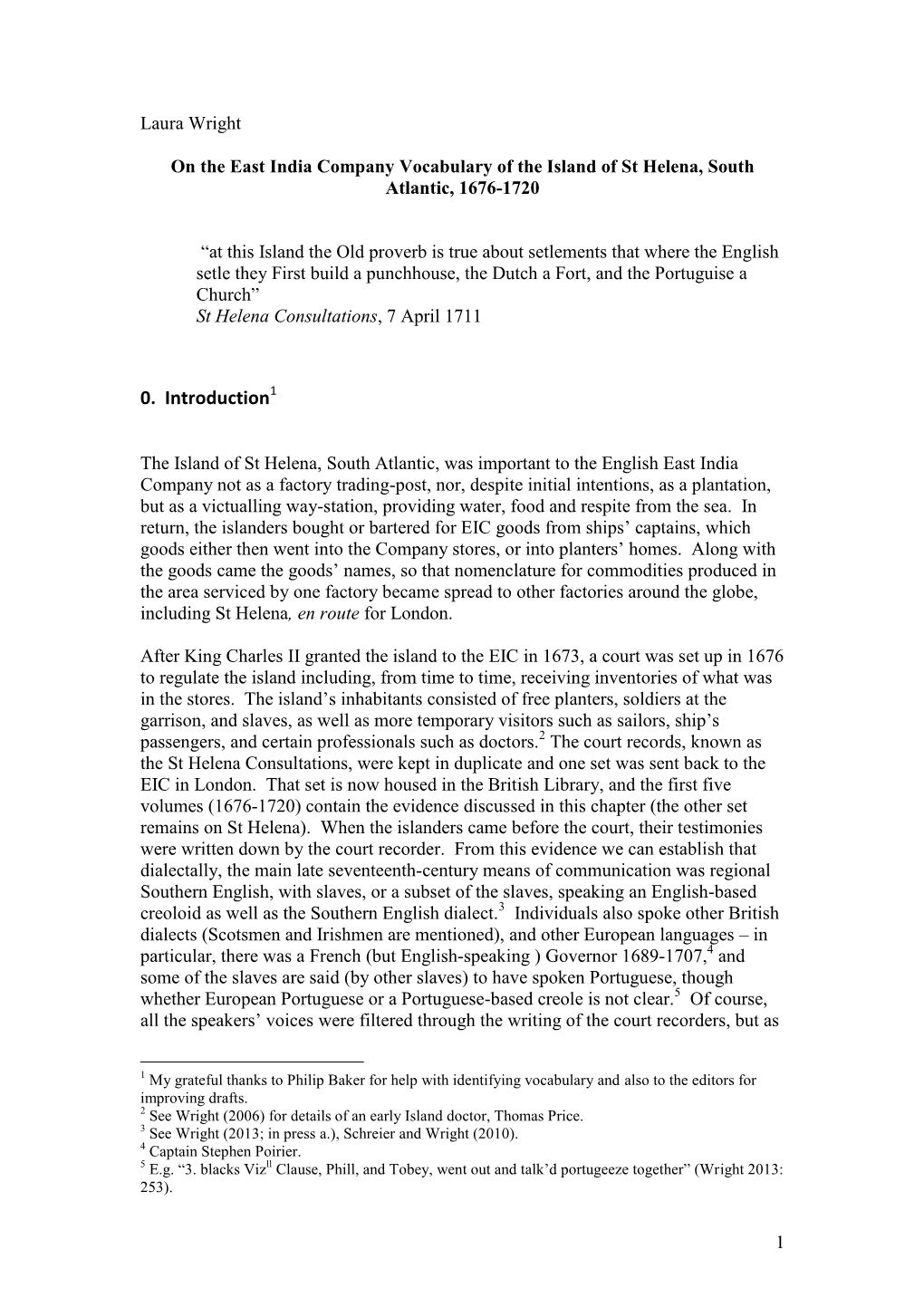 On the East India Company Vocabulary of the Island of St Helena, South Atlantic, 1676-1720