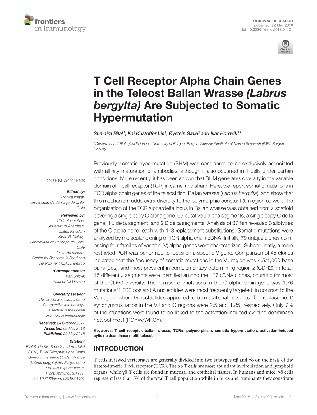 T Cell Receptor Alpha Chain Genes in the Teleost Ballan Wrasse (Labrus Bergylta) Are Subjected to Somatic Hypermutation