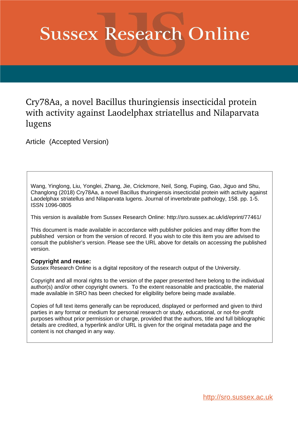 Cry78aa, a Novel Bacillus Thuringiensis Insecticidal Protein with Activity Against Laodelphax Striatellus and Nilaparvata Lugens