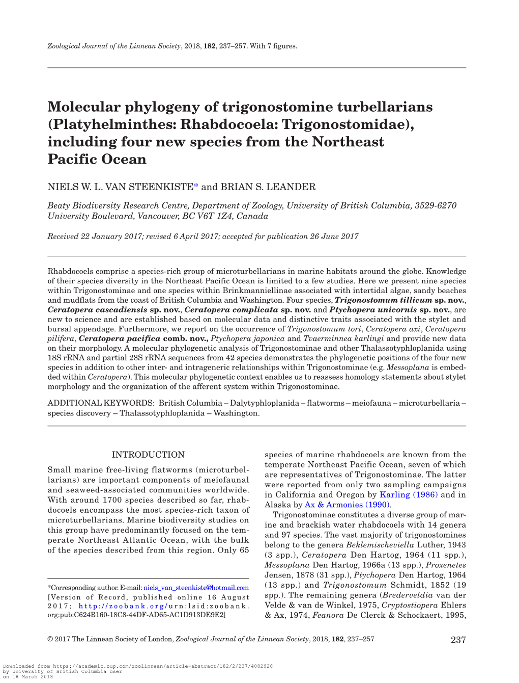 Molecular Phylogeny of Trigonostomine Turbellarians (Platyhelminthes: Rhabdocoela: Trigonostomidae), Including Four New Species from the Northeast Pacific Ocean