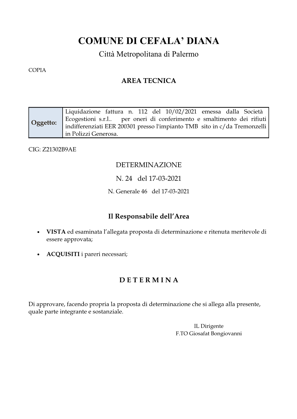 Page 1 COMUNE DI CEFALA' DIANA Città Metropolitana Di Palermo