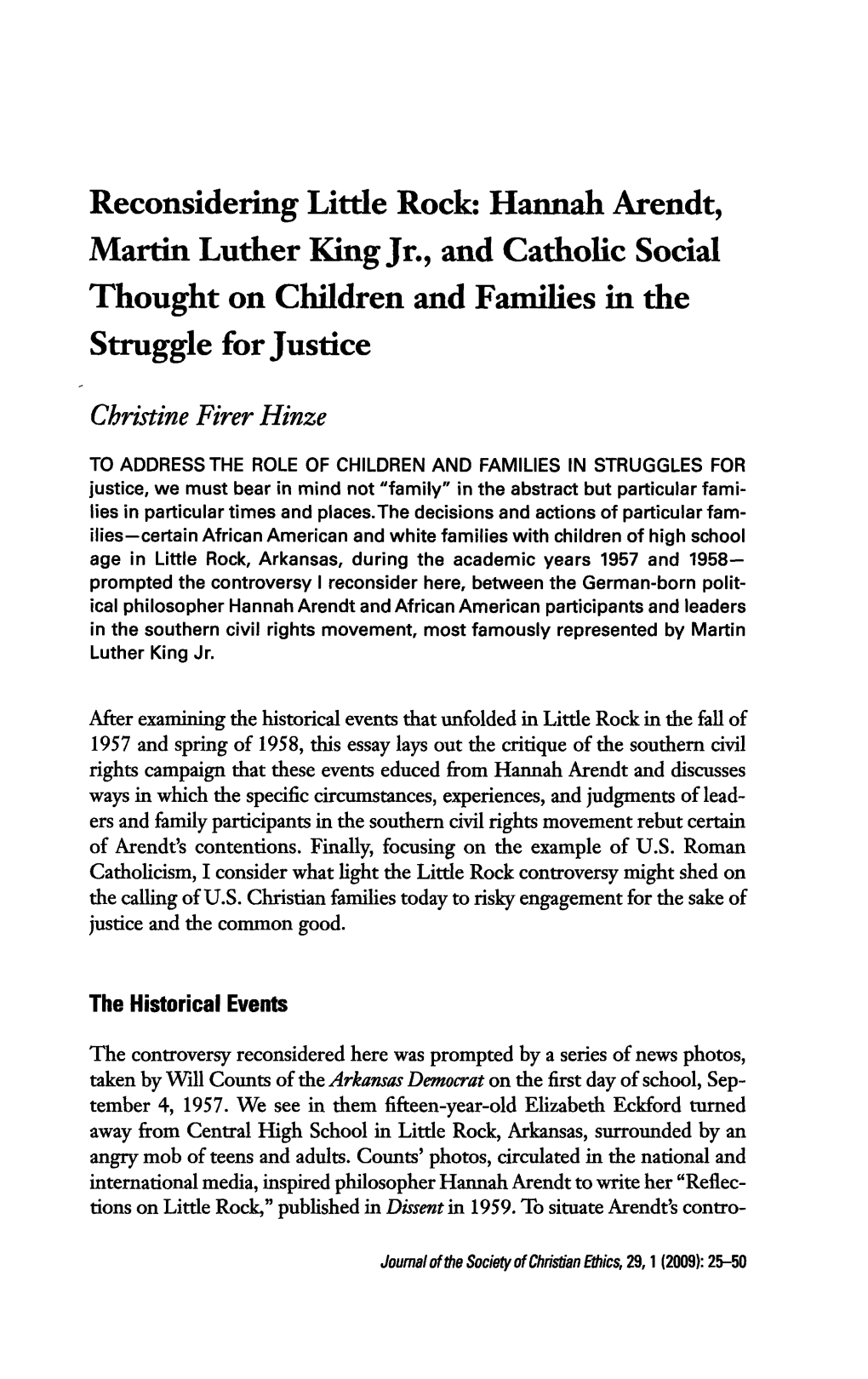 Reconsidering Little Rock: Hannah Arendt, Martin Luther King Jr., and Catholic Social Thought on Children and Families in the Struggle for Justice