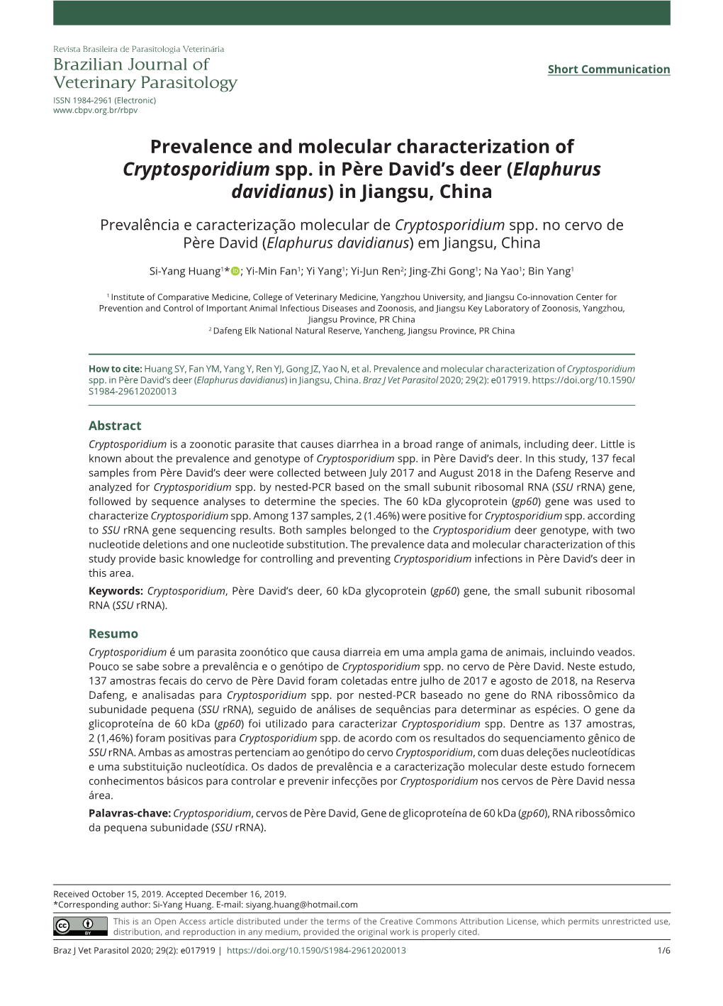 Prevalence and Molecular Characterization of Cryptosporidium Spp