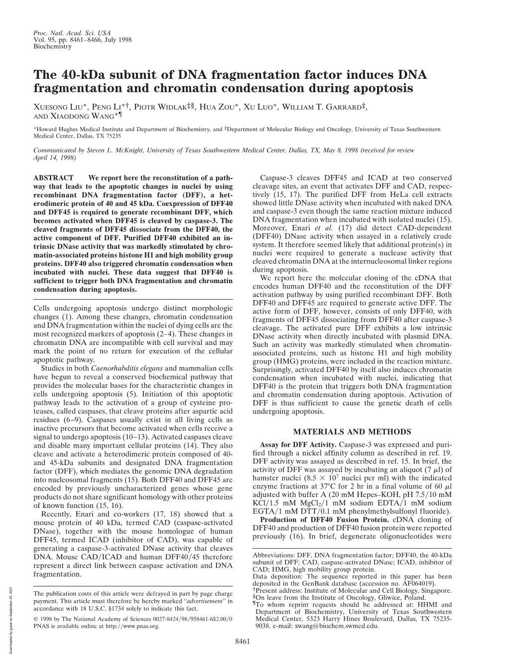 The 40-Kda Subunit of DNA Fragmentation Factor Induces DNA Fragmentation and Chromatin Condensation During Apoptosis