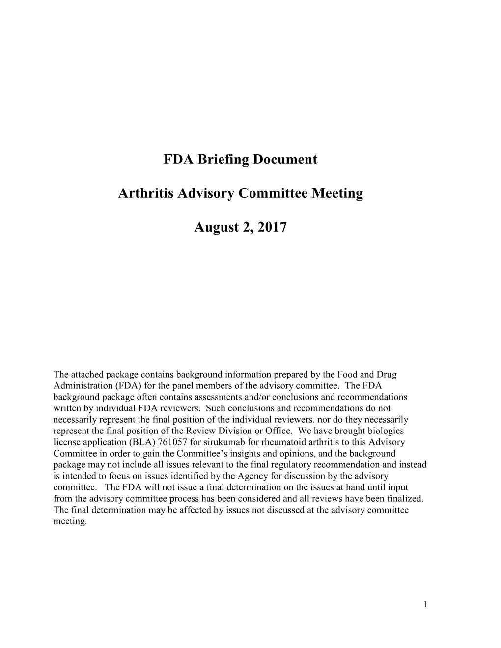 FDA Briefing Document Arthritis Advisory Committee Meeting
