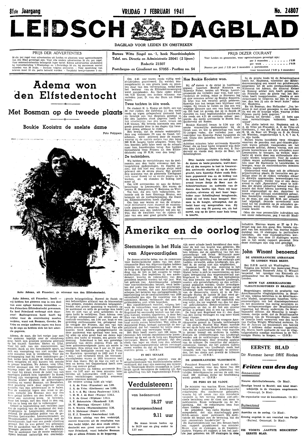 LEIDSCH DAGBLAD - Eerste Blad Vrijdag 7 Februari 1941