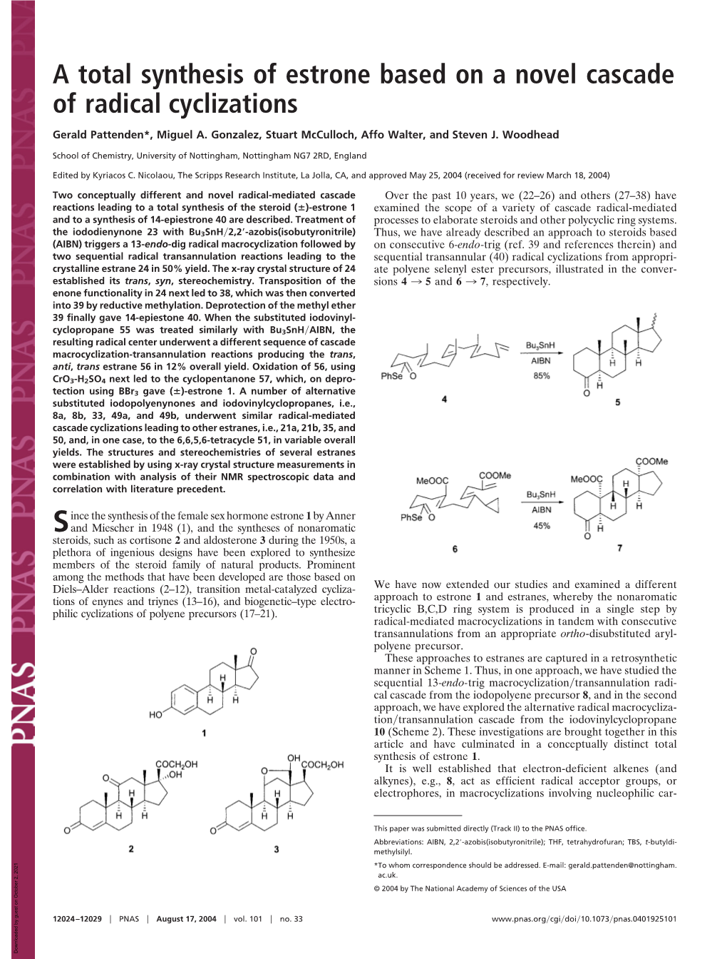 A Total Synthesis of Estrone Based on a Novel Cascade of Radical Cyclizations