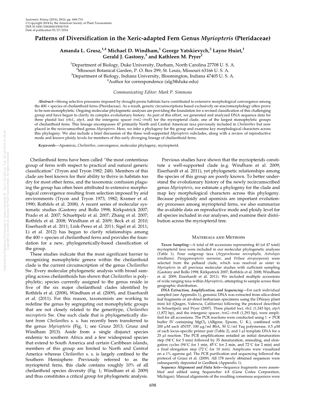 Patterns of Diversification in the Xeric-Adapted Fern Genus Myriopteris (Pteridaceae)