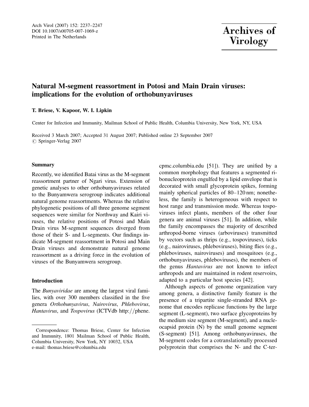 Natural M-Segment Reassortment in Potosi and Main Drain Viruses: Implications for the Evolution of Orthobunyaviruses