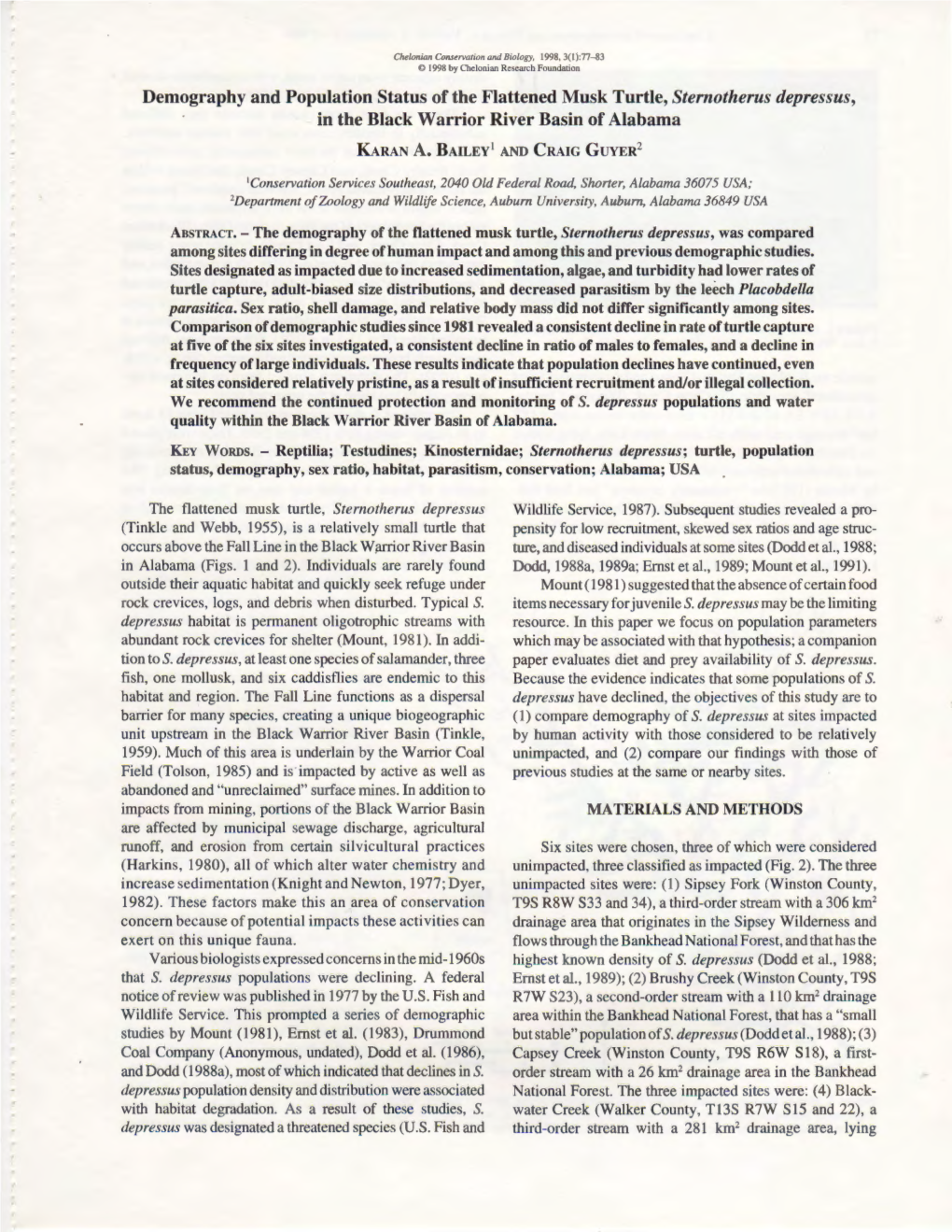 Demography and Population Status of the Flattened Musk Turtle, Sternotherus Depressus, in the Black Warrior River Basin of Alabama