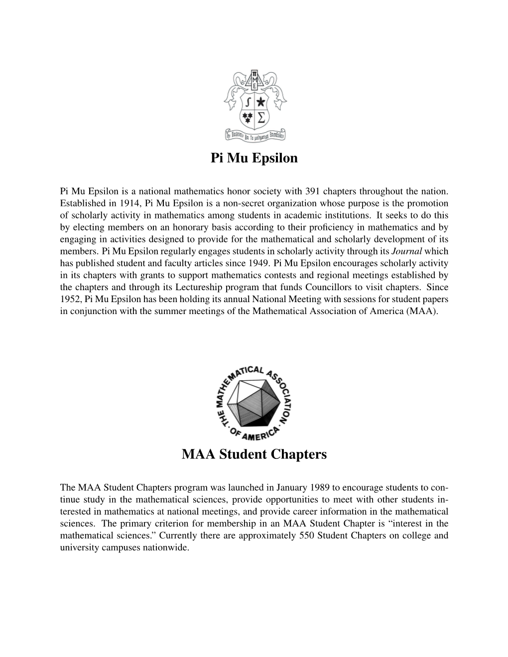 Pi Mu Epsilon MAA Student Chapters