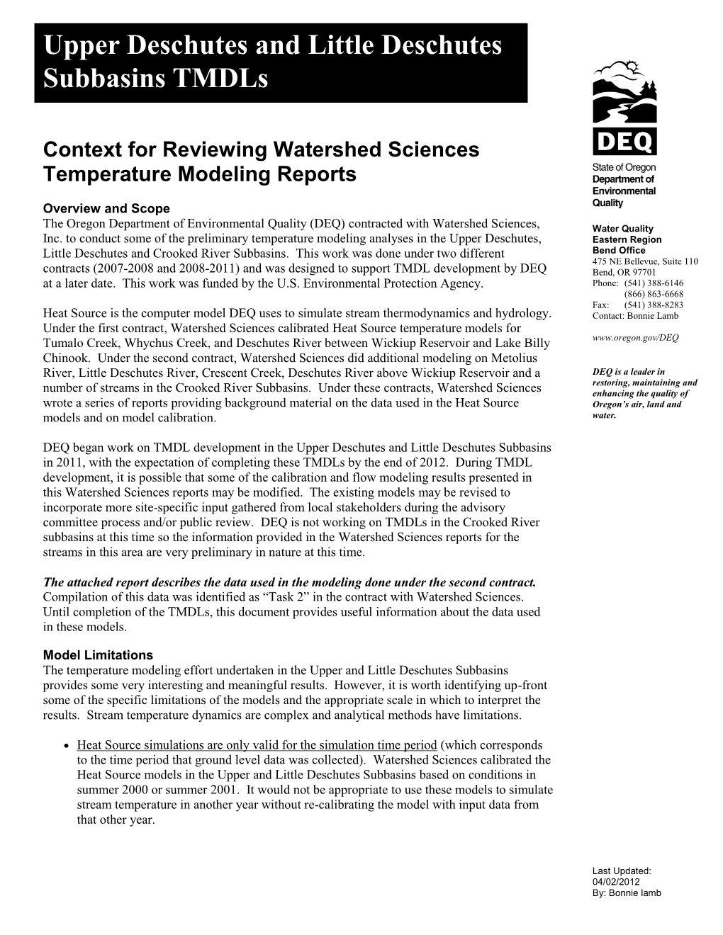 Context for Reviewing Watershed Sciences Temperature Modeling Reports