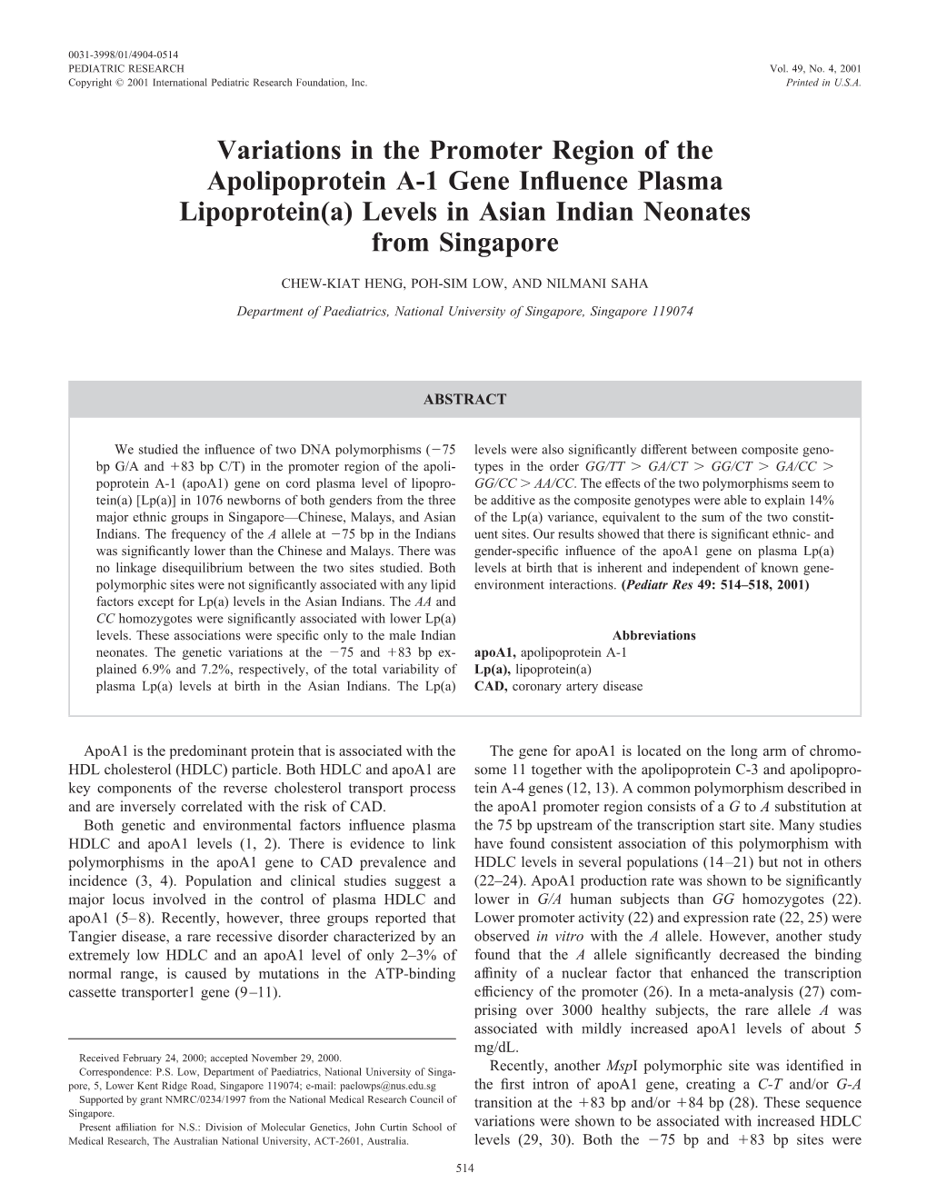 Variations in the Promoter Region of the Apolipoprotein A-1 Gene Influence Plasma Lipoprotein(A)