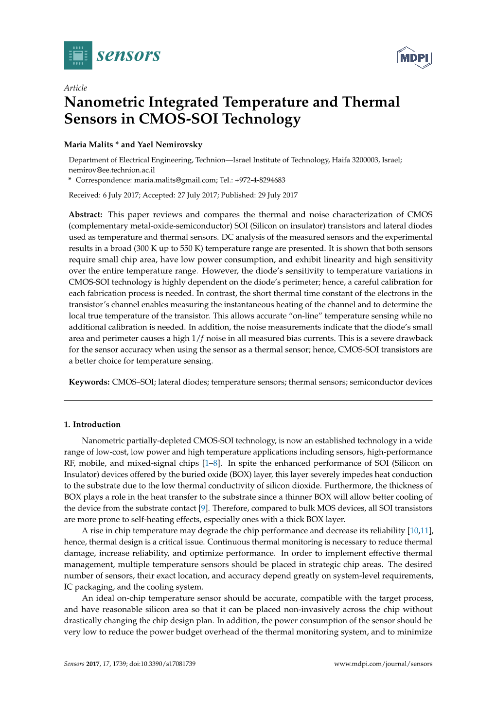 Nanometric Integrated Temperature and Thermal Sensors in CMOS-SOI Technology