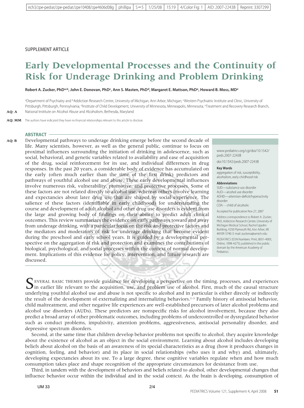 Early Developmental Processes and the Continuity of Risk for Underage Drinking and Problem Drinking