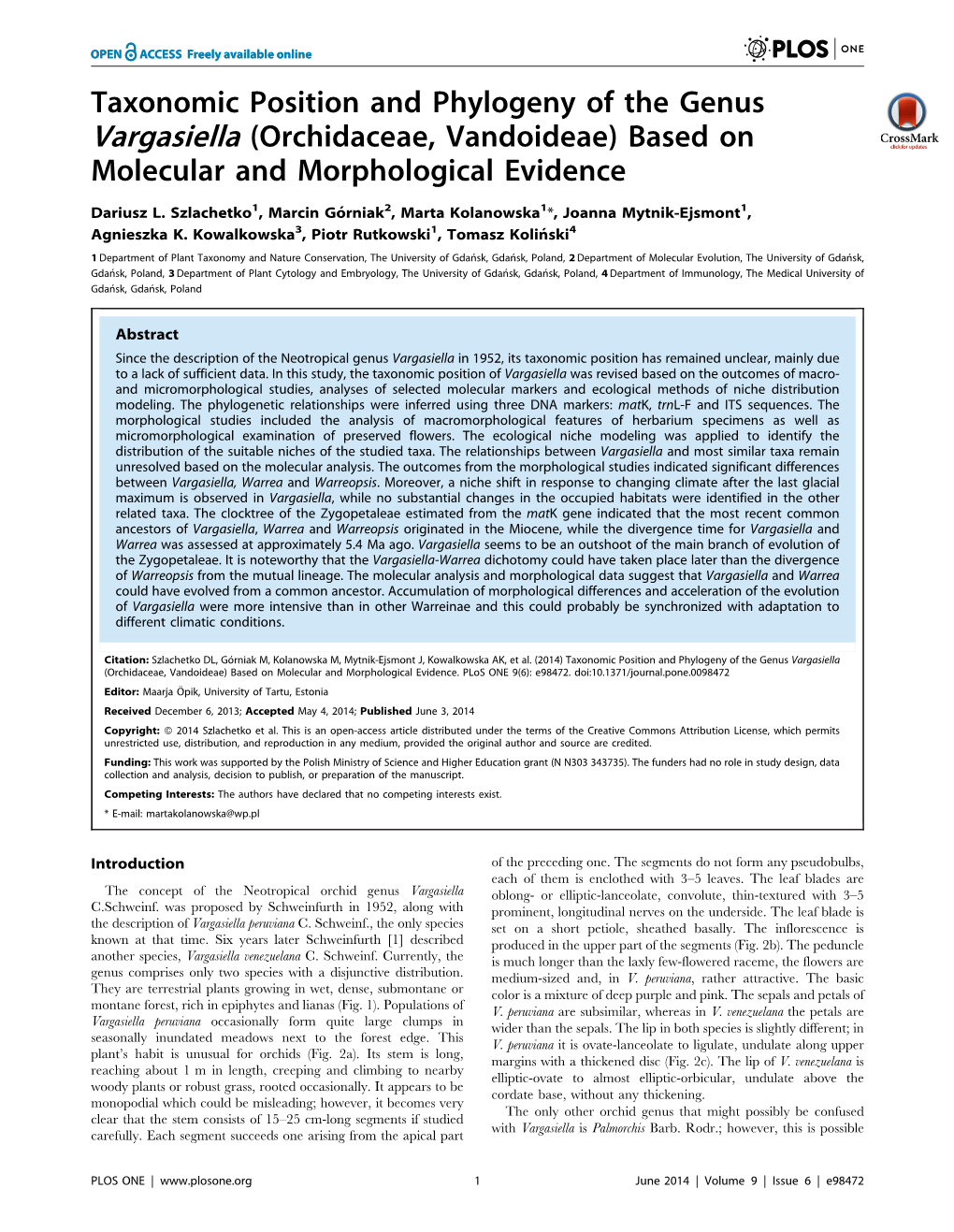 Taxonomic Position and Phylogeny of the Genus Vargasiella (Orchidaceae, Vandoideae) Based on Molecular and Morphological Evidence