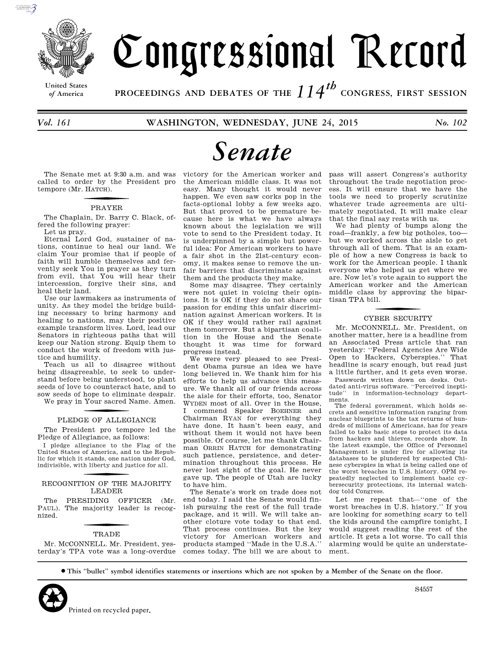 Congressional Record United States Th of America PROCEEDINGS and DEBATES of the 114 CONGRESS, FIRST SESSION