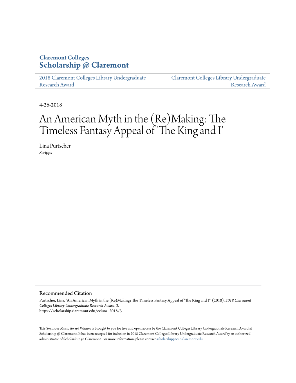 An American Myth in the (Re)Making: the Timeless Fantasy Appeal of 'The King and I' Lina Purtscher Scripps