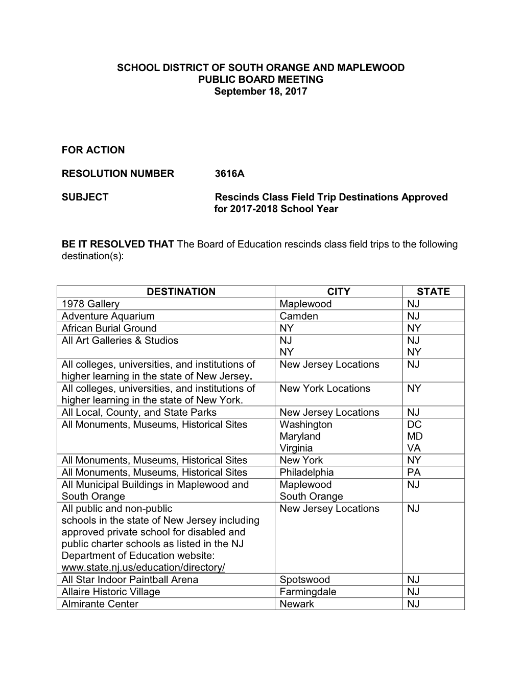 SCHOOL DISTRICT of SOUTH ORANGE and MAPLEWOOD PUBLIC BOARD MEETING September 18, 2017