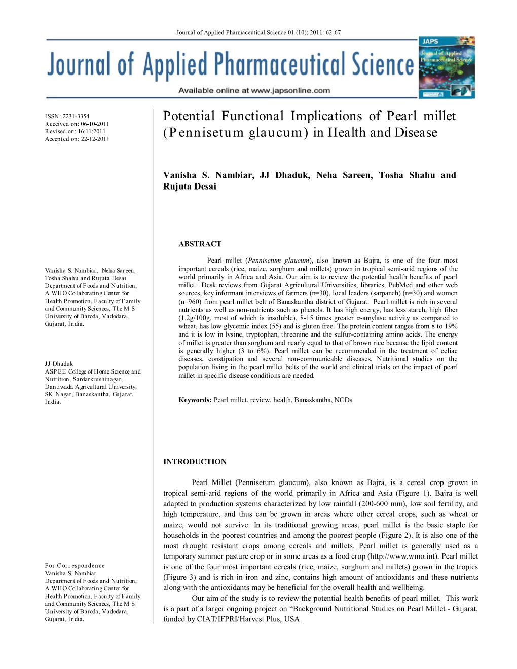 Potential Functional Implications of Pearl Millet (Pennisetum Glaucum)