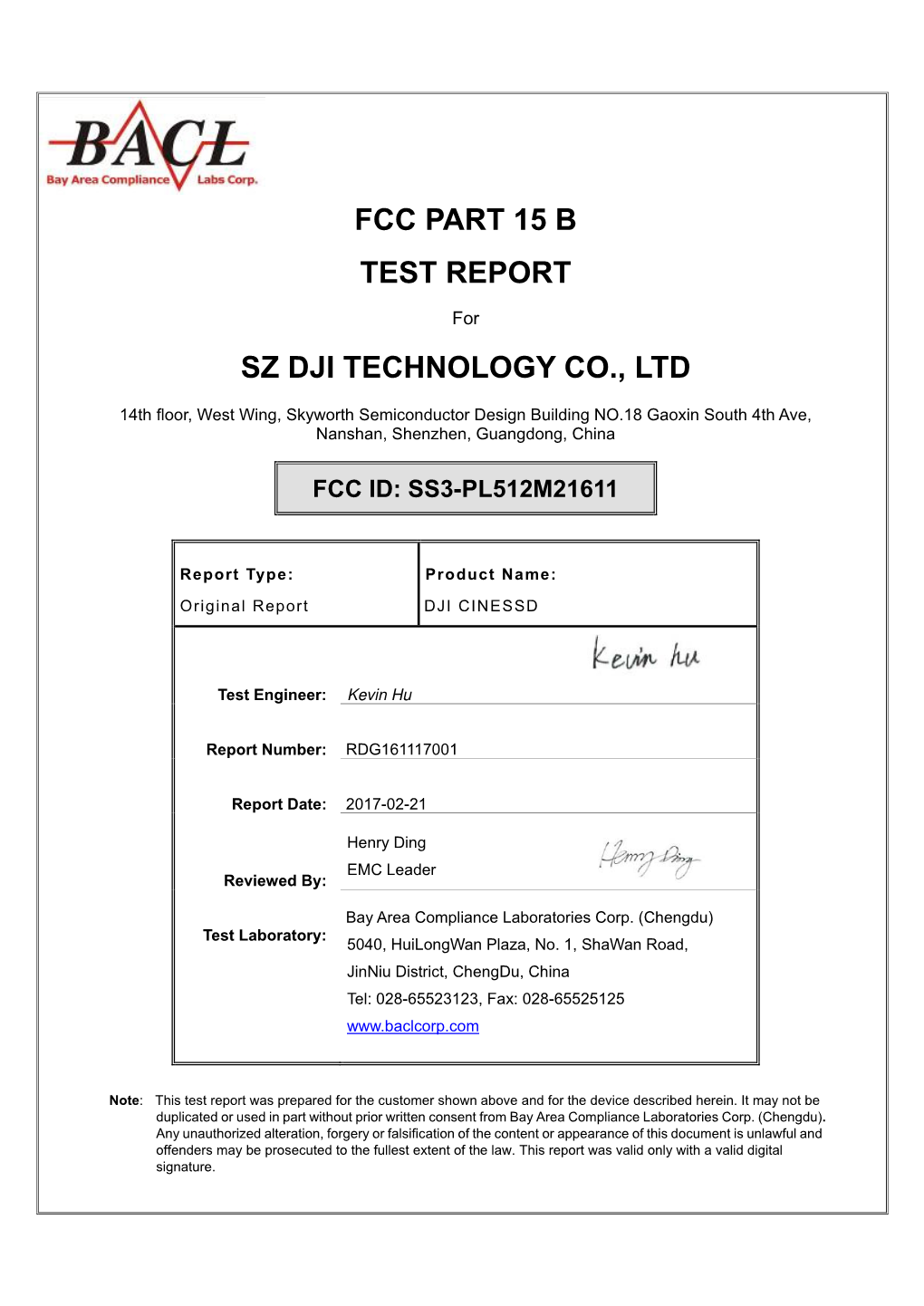 Fcc Part 15 B Test Report Sz Dji Technology Co