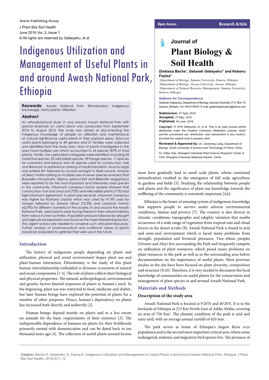 Indigenous Utilization and Management of Useful Plants in and Around Awash National Park, Ethiopia