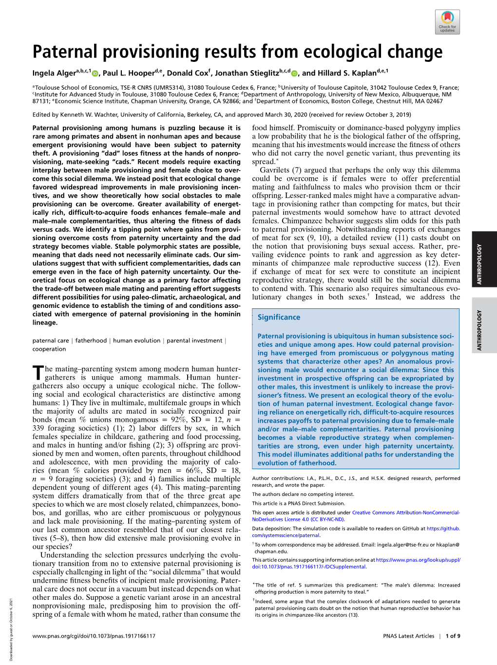 Paternal Provisioning Results from Ecological Change