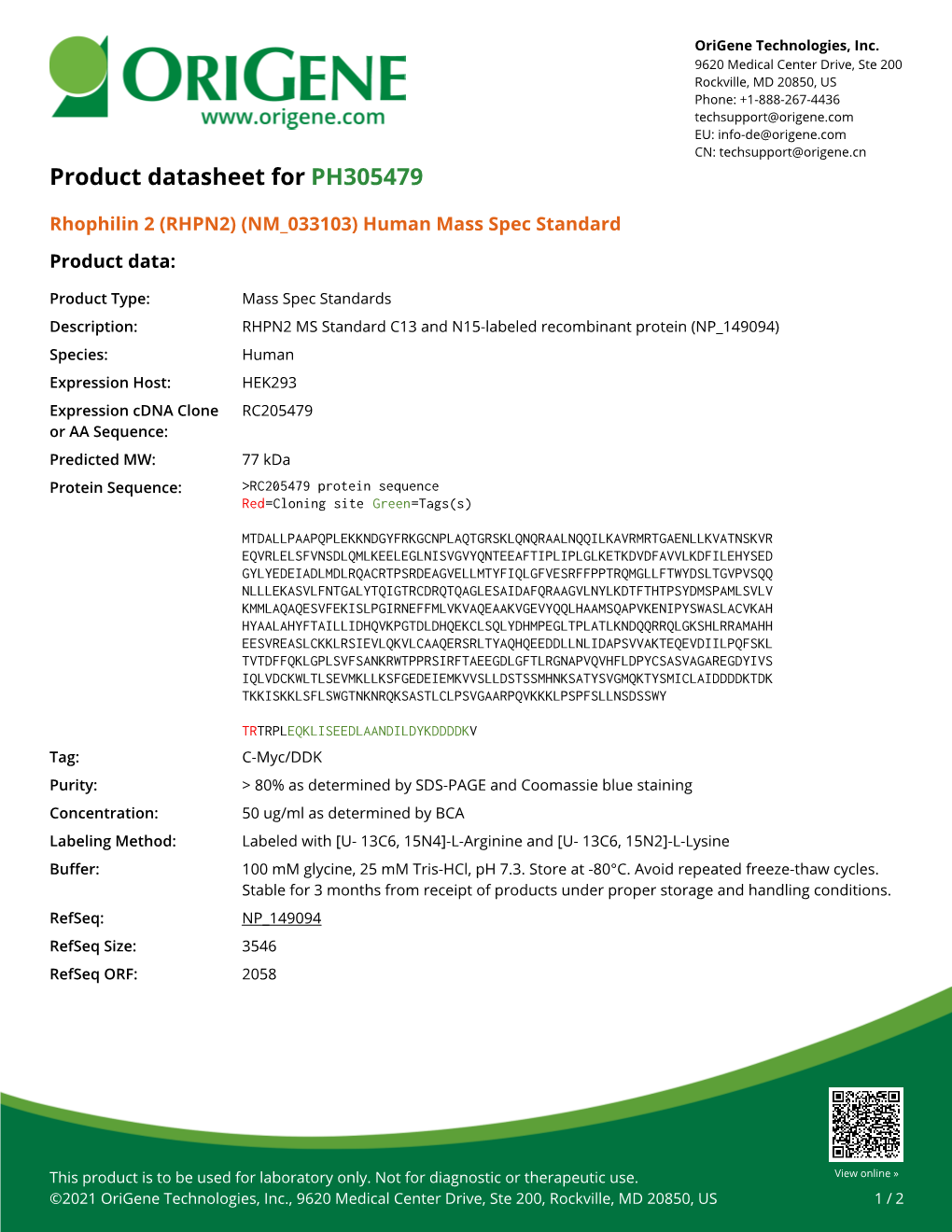 Rhophilin 2 (RHPN2) (NM 033103) Human Mass Spec Standard Product Data