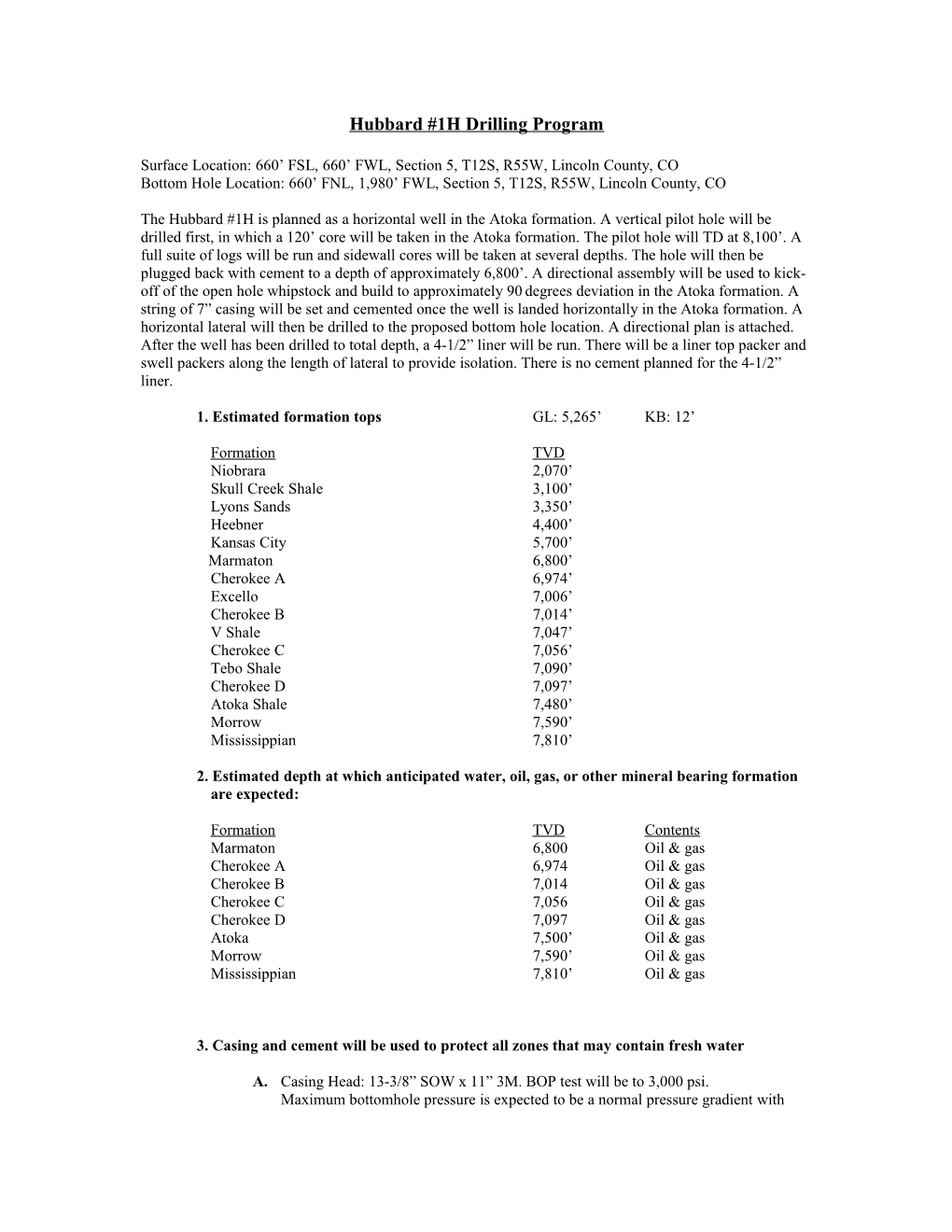 Hubbard #1H Drilling Program