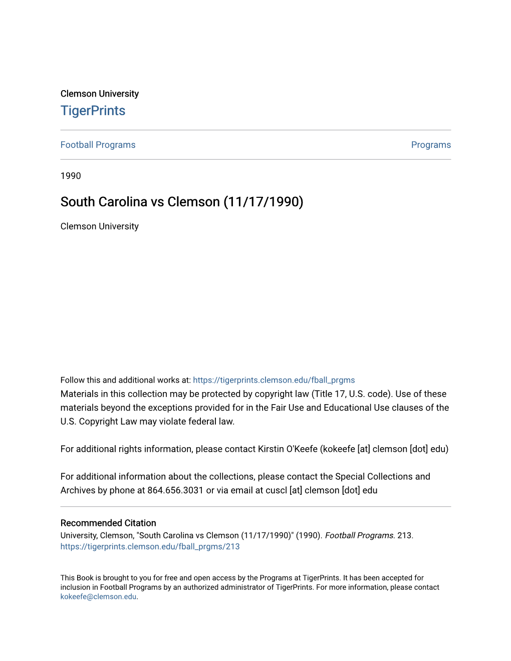 South Carolina Vs Clemson (11/17/1990)