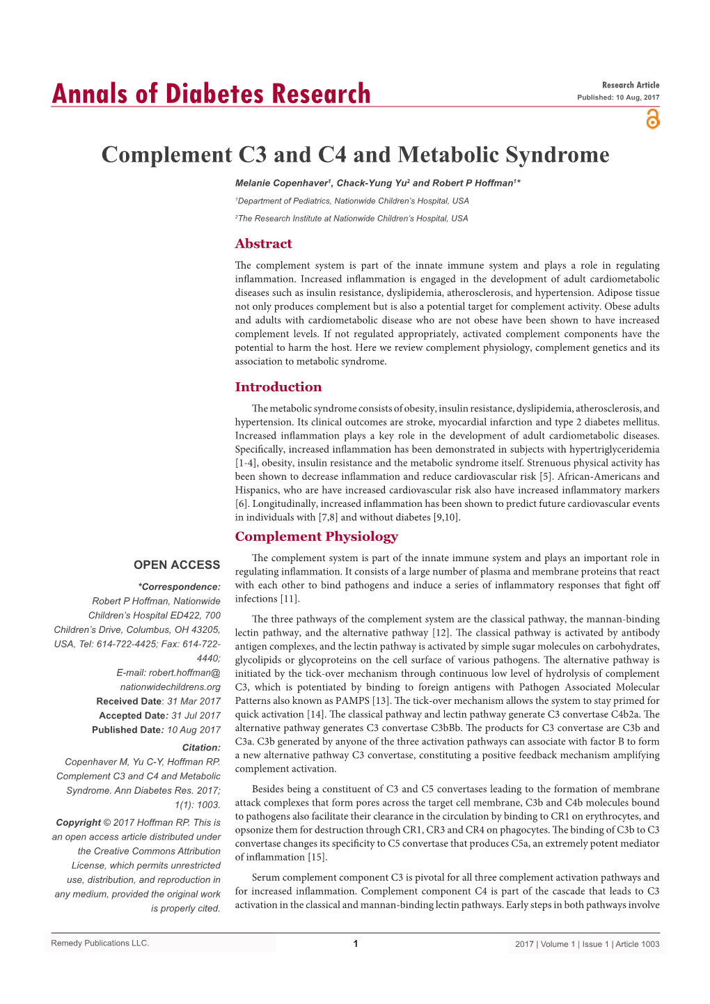 Complement C3 and C4 and Metabolic Syndrome