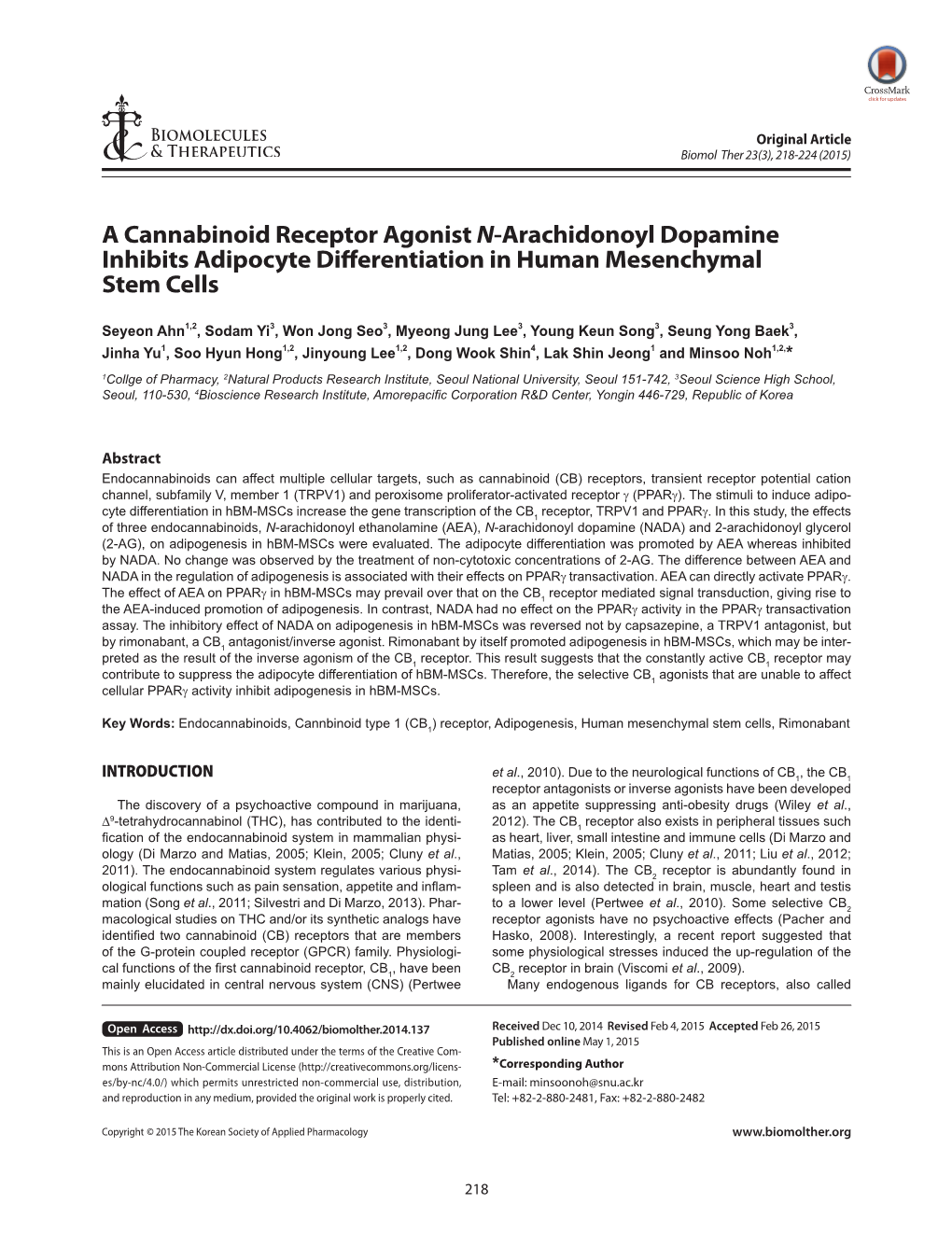 A Cannabinoid Receptor Agonist N-Arachidonoyl Dopamine Inhibits Adipocyte Differentiation in Human Mesenchymal Stem Cells