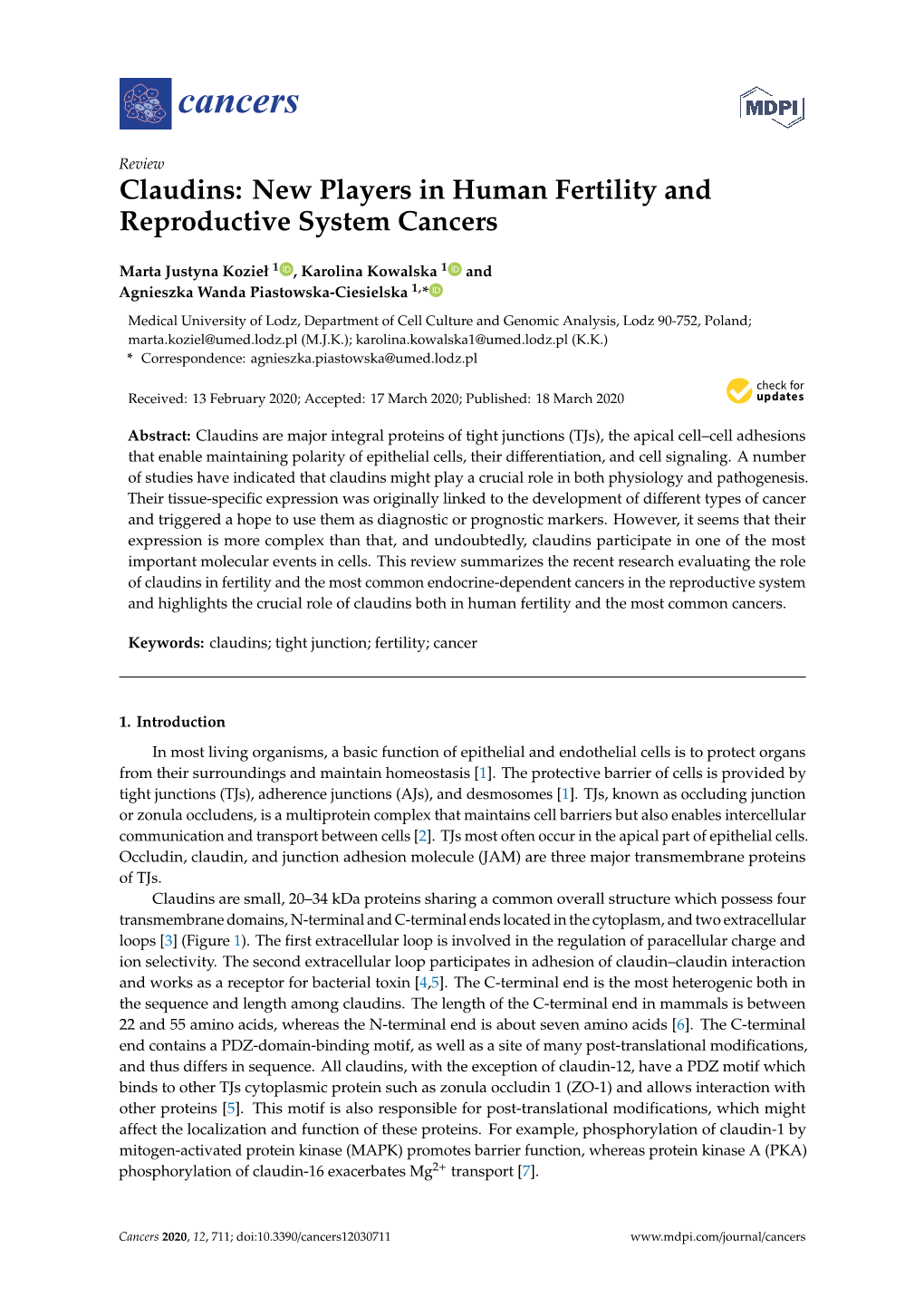 Claudins: New Players in Human Fertility and Reproductive System Cancers